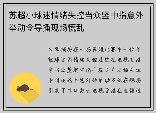 苏超小球迷情绪失控当众竖中指意外举动令导播现场慌乱